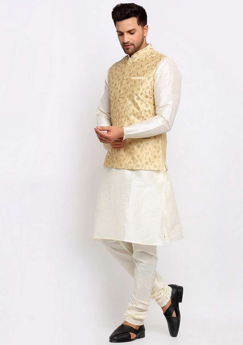 Cream And Beige Solid Dupion Silk Blend Nehru Jacket Set For Men - Indya