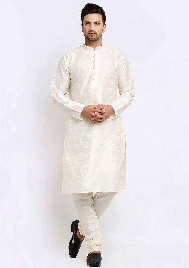 Cream And Beige Solid Dupion Silk Blend Nehru Jacket Set For Men - Indya