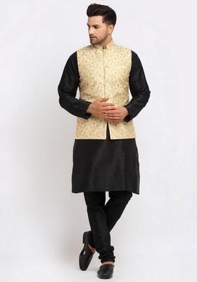 Black And Beige Solid Dupion Silk Blend Nehru Jacket Set For Men