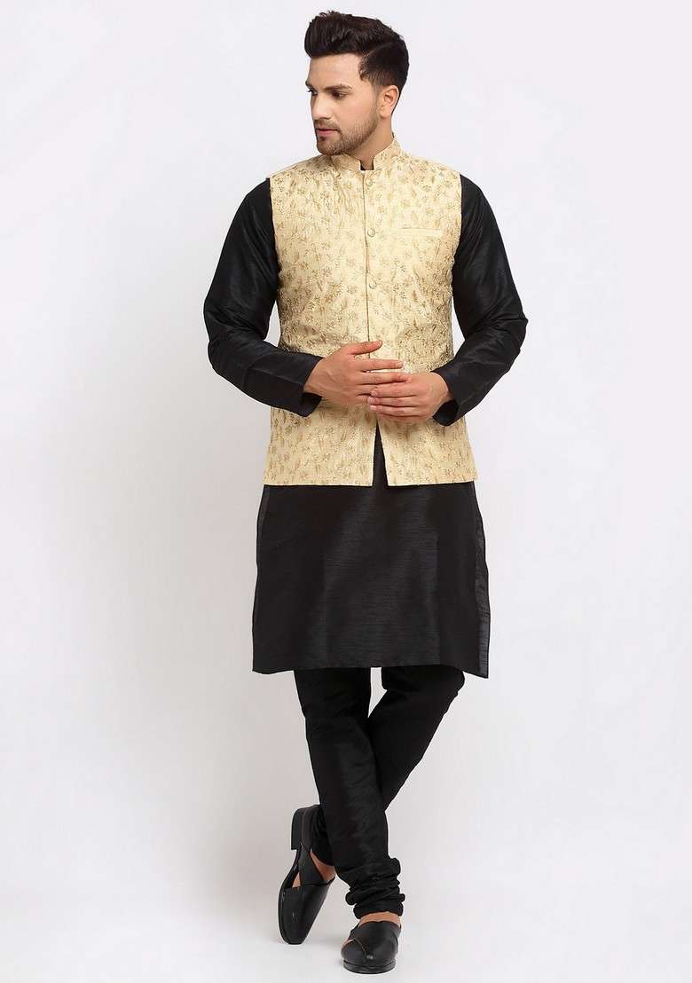 Black And Beige Solid Dupion Silk Blend Nehru Jacket Set For Men - Indya