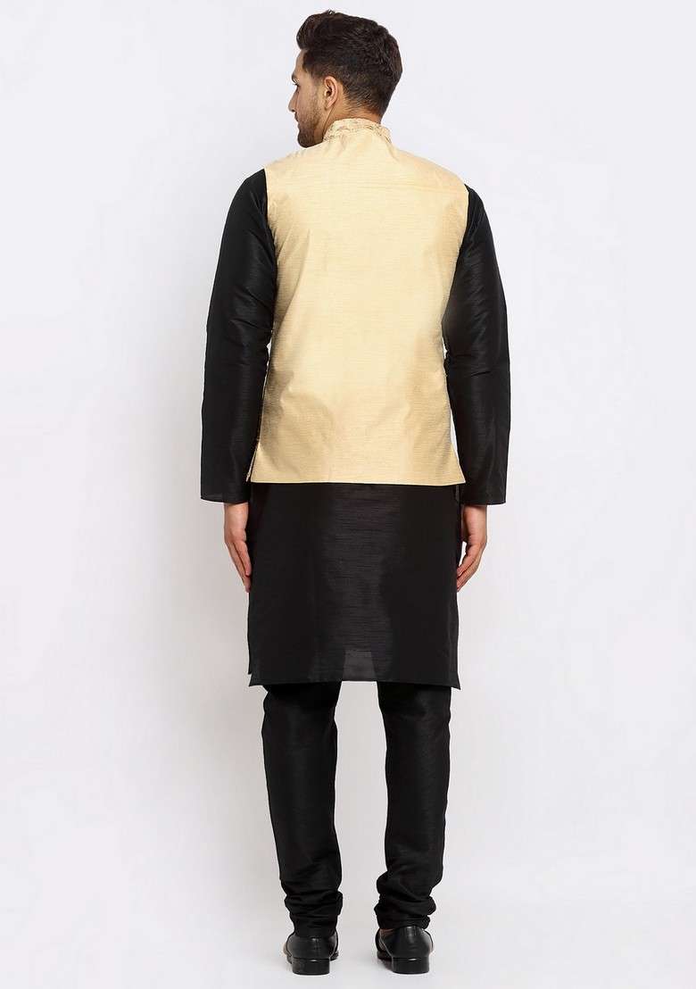Black And Beige Solid Dupion Silk Blend Nehru Jacket Set For Men - Indya