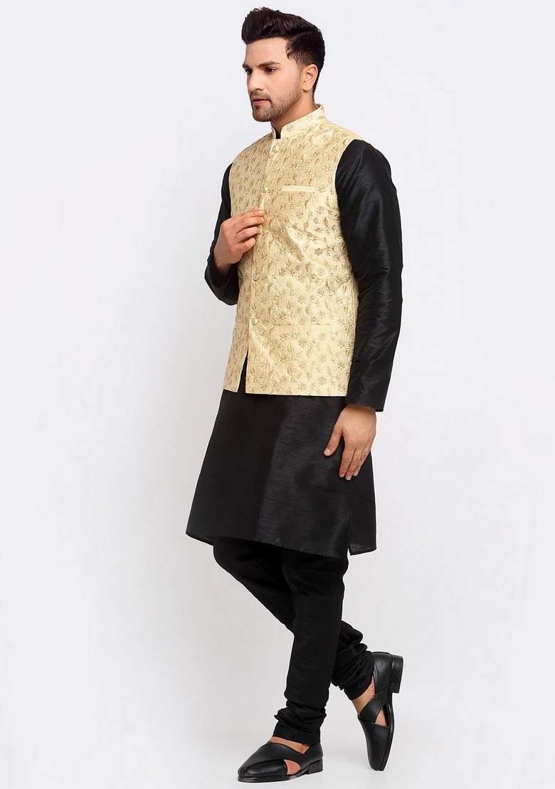Black And Beige Solid Dupion Silk Blend Nehru Jacket Set For Men - Indya