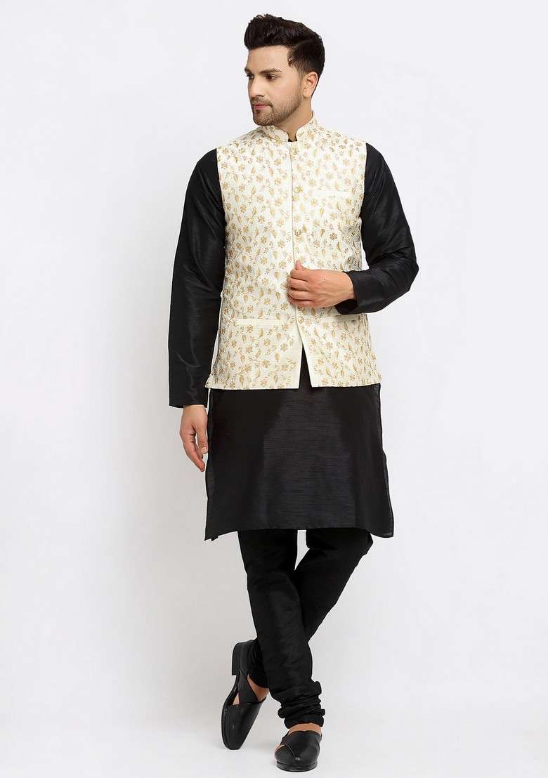 Black And Cream Solid Dupion Silk Blend Nehru Jacket Set For Men - Indya