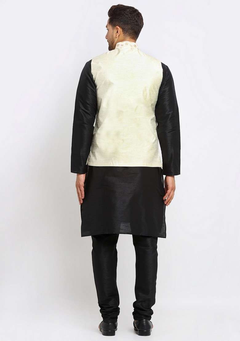 Black And Cream Solid Dupion Silk Blend Nehru Jacket Set For Men - Indya