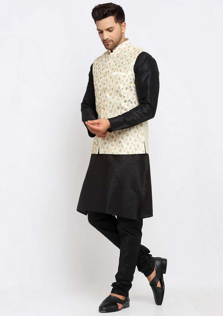 Black And Cream Solid Dupion Silk Blend Nehru Jacket Set For Men - Indya