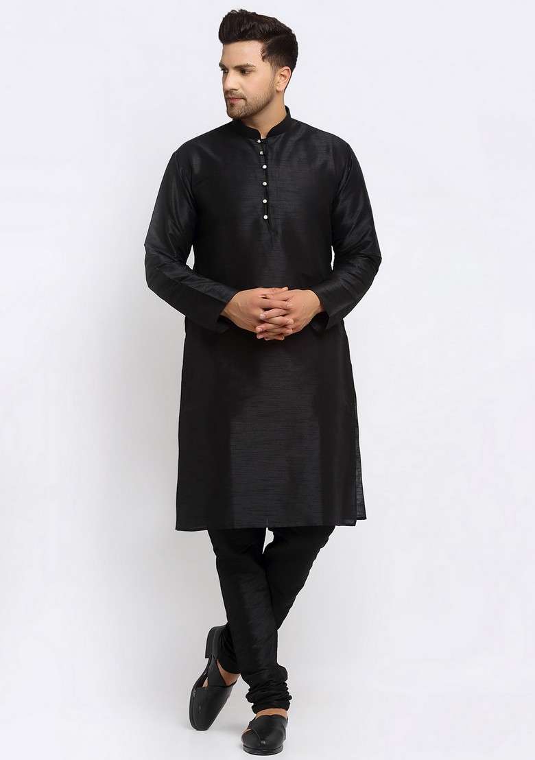 Black And Cream Solid Dupion Silk Blend Nehru Jacket Set For Men - Indya