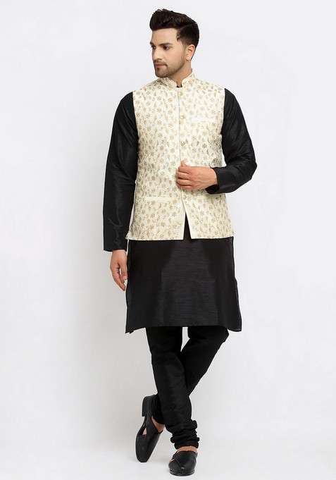 Black And Cream Solid Dupion Silk Blend Nehru Jacket Set For Men
