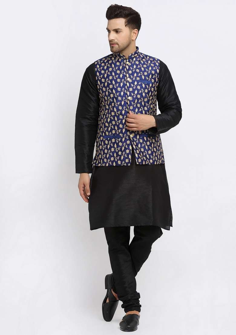 Black And Navy Blue Solid Dupion Silk Nehru Jacket Set For Men - Indya