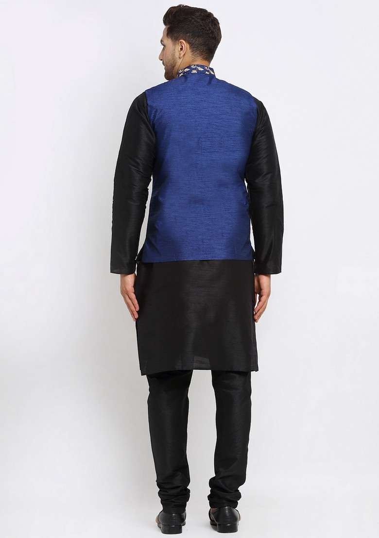 Black And Navy Blue Solid Dupion Silk Nehru Jacket Set For Men - Indya