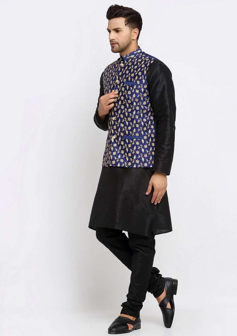 Black And Navy Blue Solid Dupion Silk Nehru Jacket Set For Men - Indya