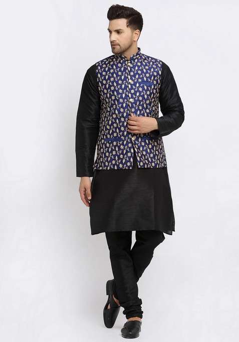 Black And Navy Blue Solid Dupion Silk Nehru Jacket Set For Men