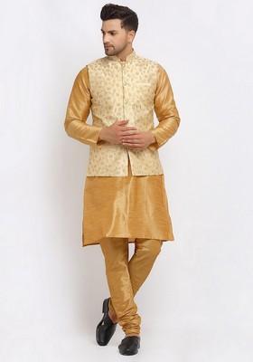 Gold And Beige Solid Dupion Silk Blend Nehru Jacket Set For Men