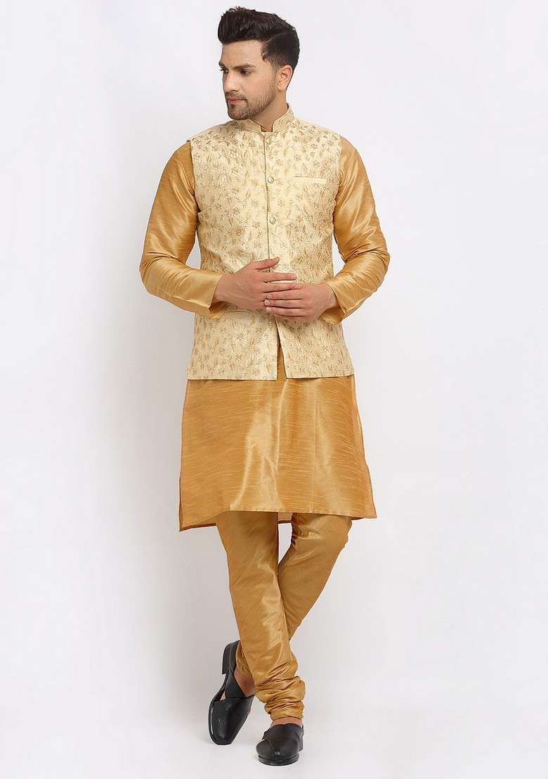 Gold And Beige Solid Dupion Silk Blend Nehru Jacket Set For Men - Indya
