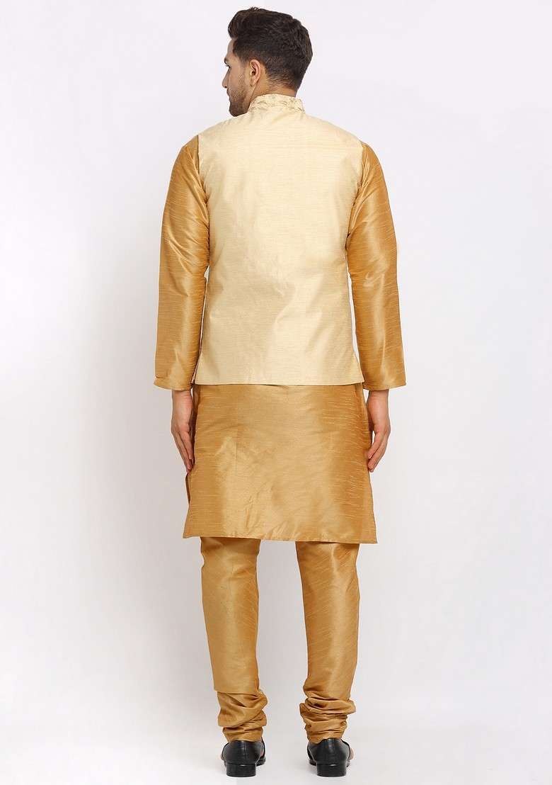 Gold And Beige Solid Dupion Silk Blend Nehru Jacket Set For Men - Indya
