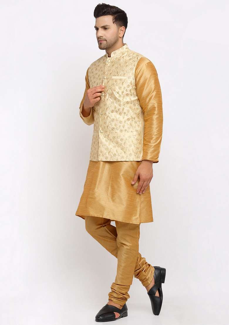 Gold And Beige Solid Dupion Silk Blend Nehru Jacket Set For Men - Indya