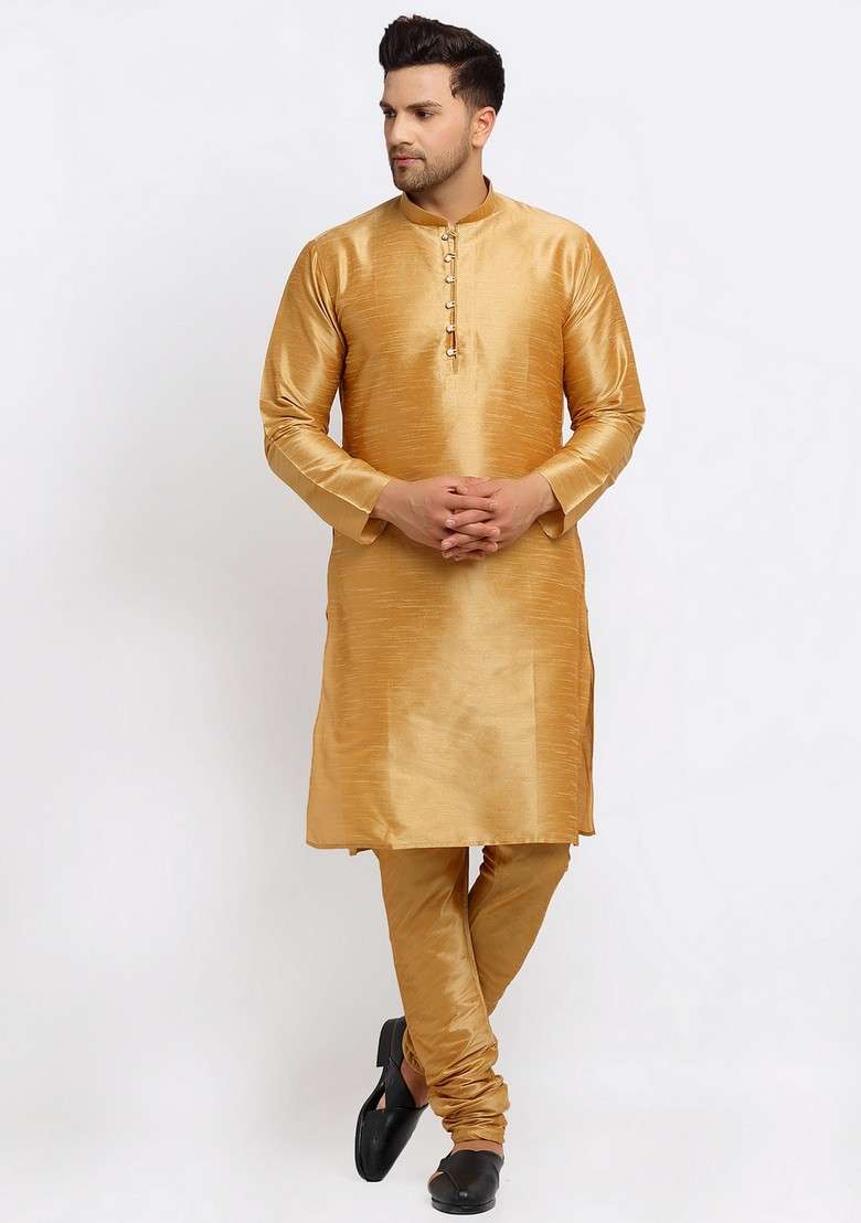 Gold And Beige Solid Dupion Silk Blend Nehru Jacket Set For Men - Indya