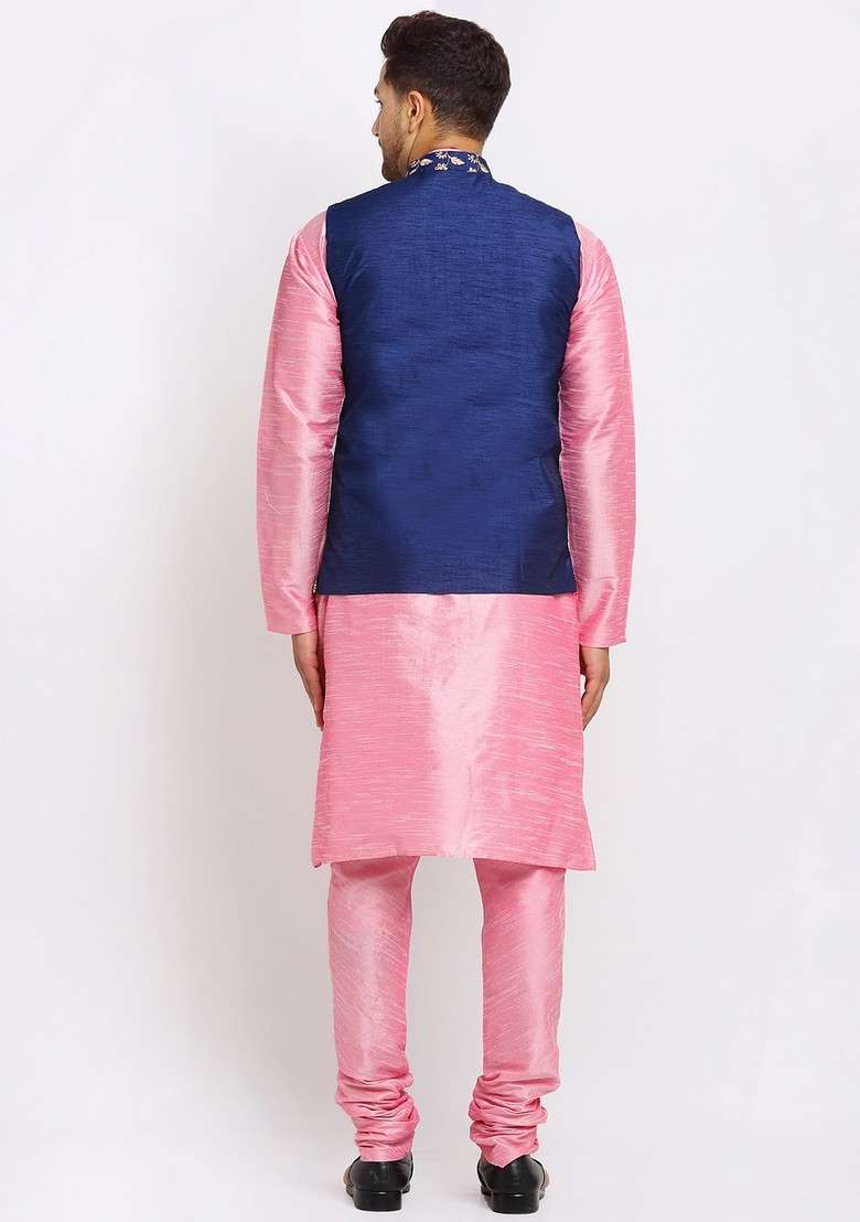 Pink And Navy Blue Solid Dupion Silk Nehru Jacket Set For Men - Indya