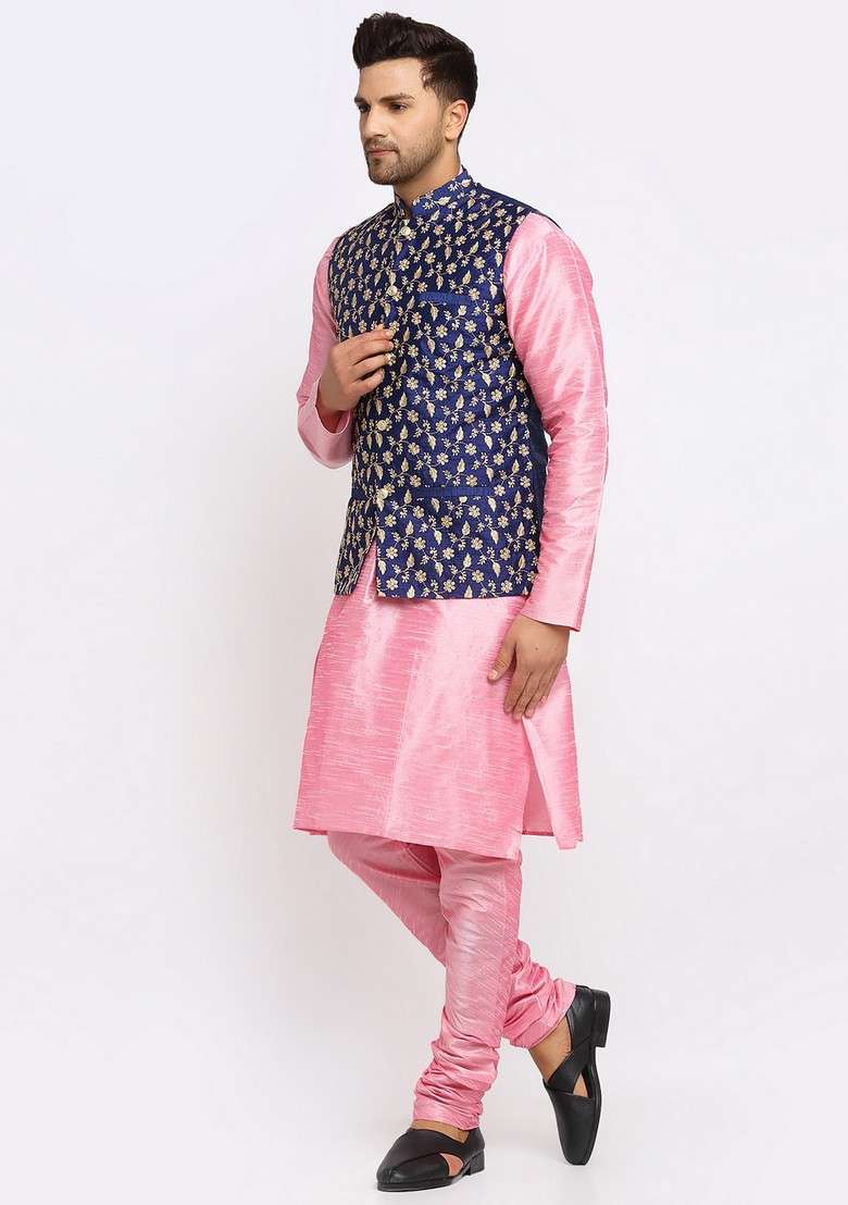 Pink And Navy Blue Solid Dupion Silk Nehru Jacket Set For Men - Indya
