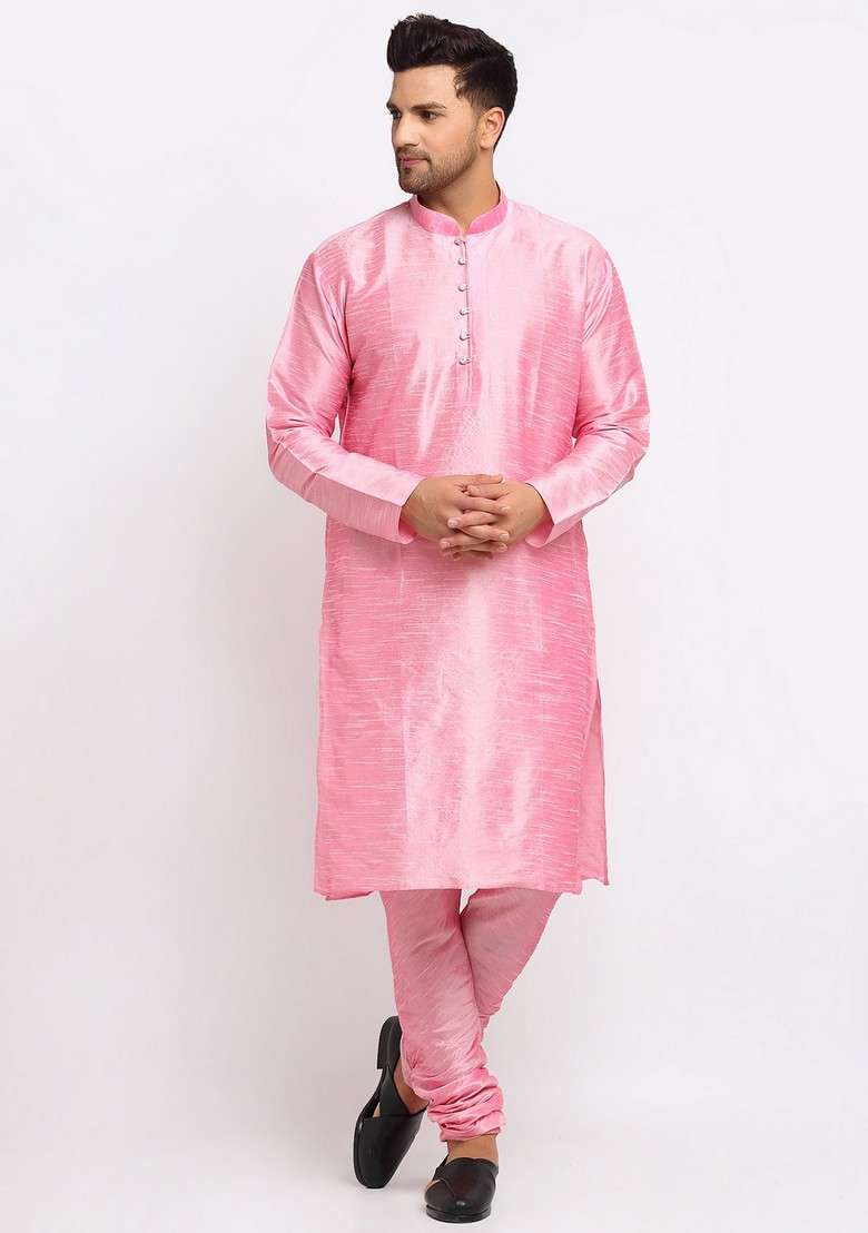 Pink And Navy Blue Solid Dupion Silk Nehru Jacket Set For Men - Indya