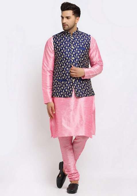 Pink And Navy Blue Solid Dupion Silk Nehru Jacket Set For Men