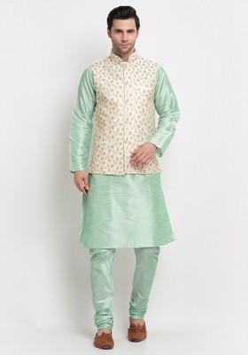 Sea Green And Cream Solid Dupion Silk Blend Nehru Jacket Set For Men