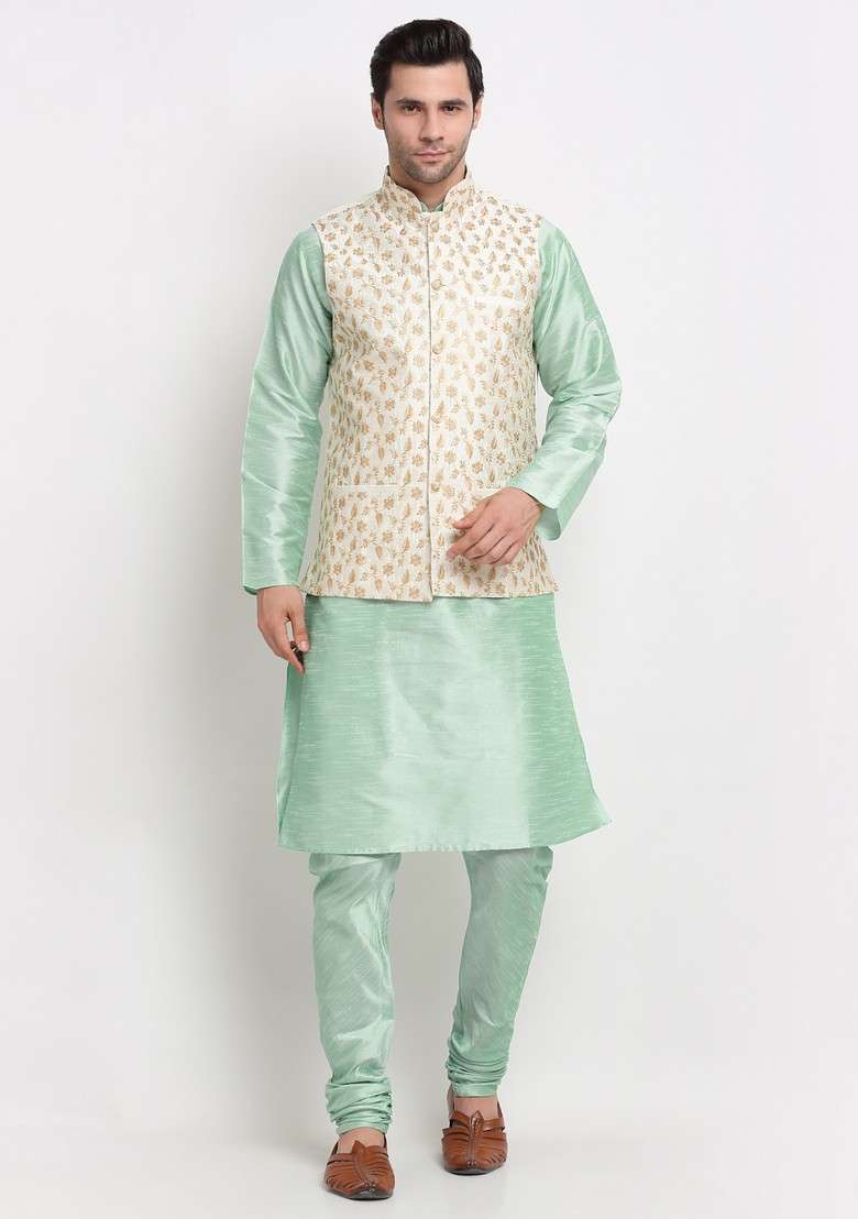 Sea Green And Cream Solid Dupion Silk Blend Nehru Jacket Set For Men - Indya