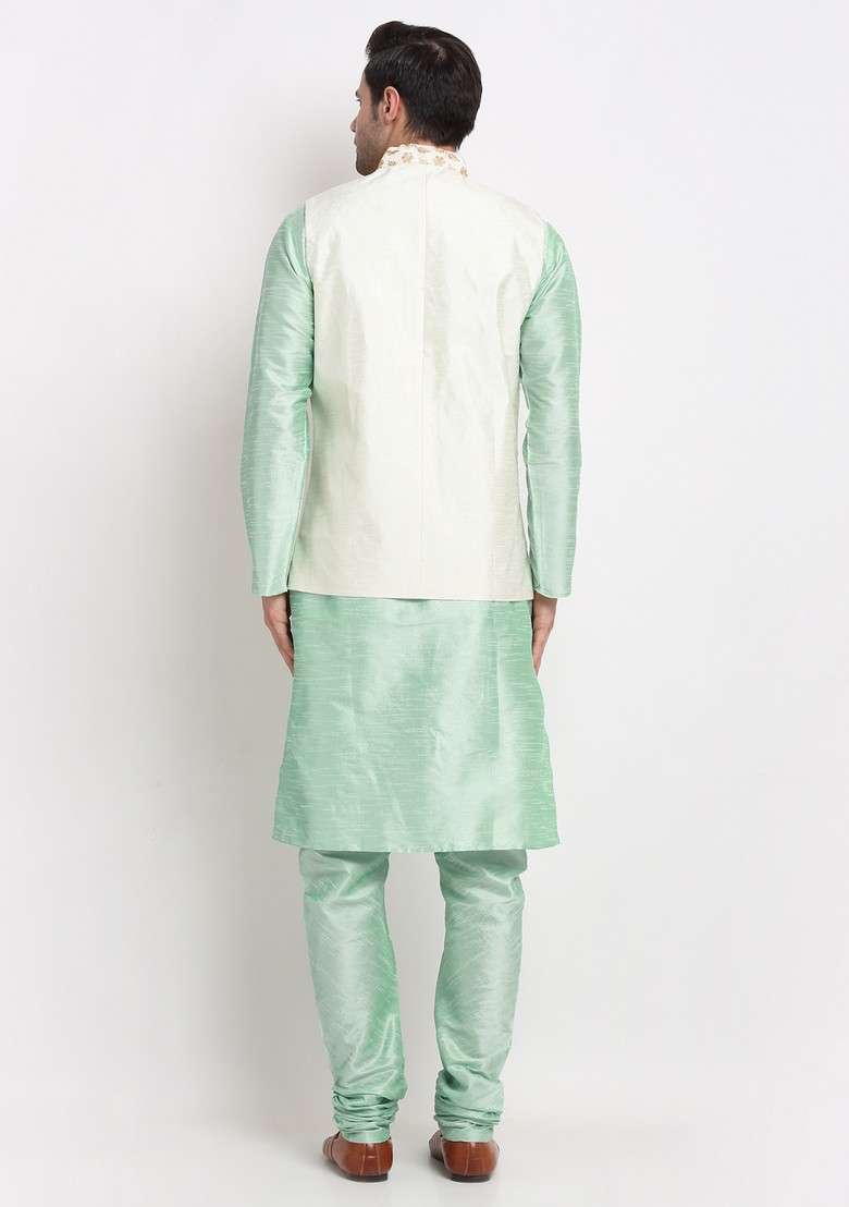 Sea Green And Cream Solid Dupion Silk Blend Nehru Jacket Set For Men - Indya