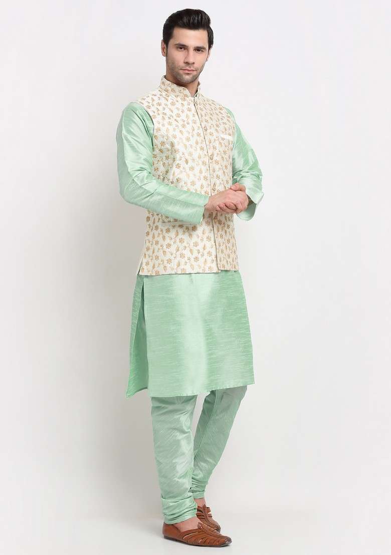 Sea Green And Cream Solid Dupion Silk Blend Nehru Jacket Set For Men - Indya