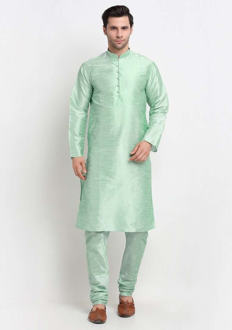 Sea Green And Cream Solid Dupion Silk Blend Nehru Jacket Set For Men - Indya