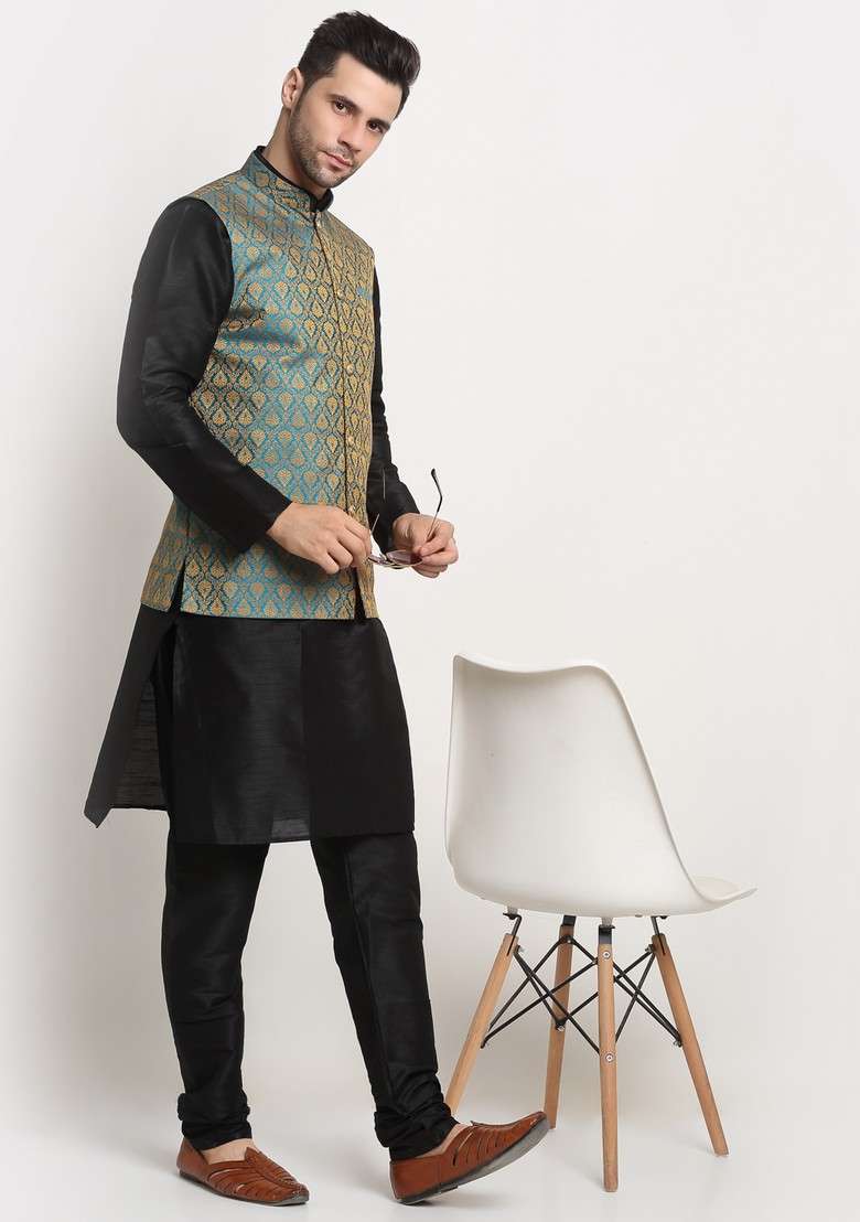 Black And Blue Solid Silk Blend Nehru Jacket Set For Men - Indya