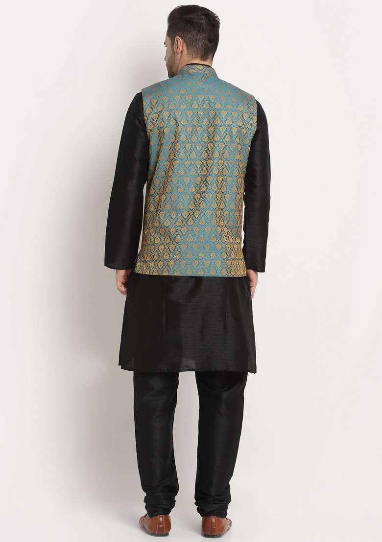 Black And Blue Solid Silk Blend Nehru Jacket Set For Men - Indya