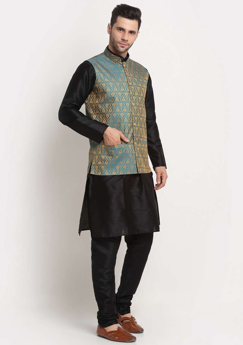 Black And Blue Solid Silk Blend Nehru Jacket Set For Men - Indya