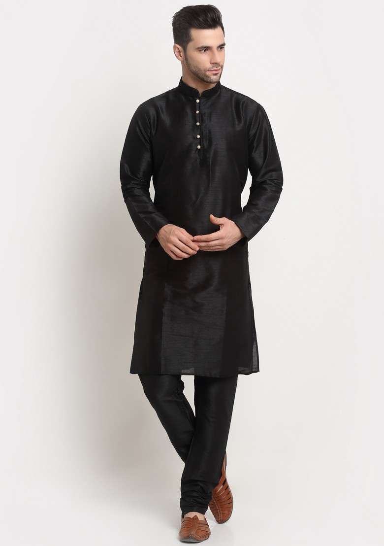Black And Blue Solid Silk Blend Nehru Jacket Set For Men - Indya