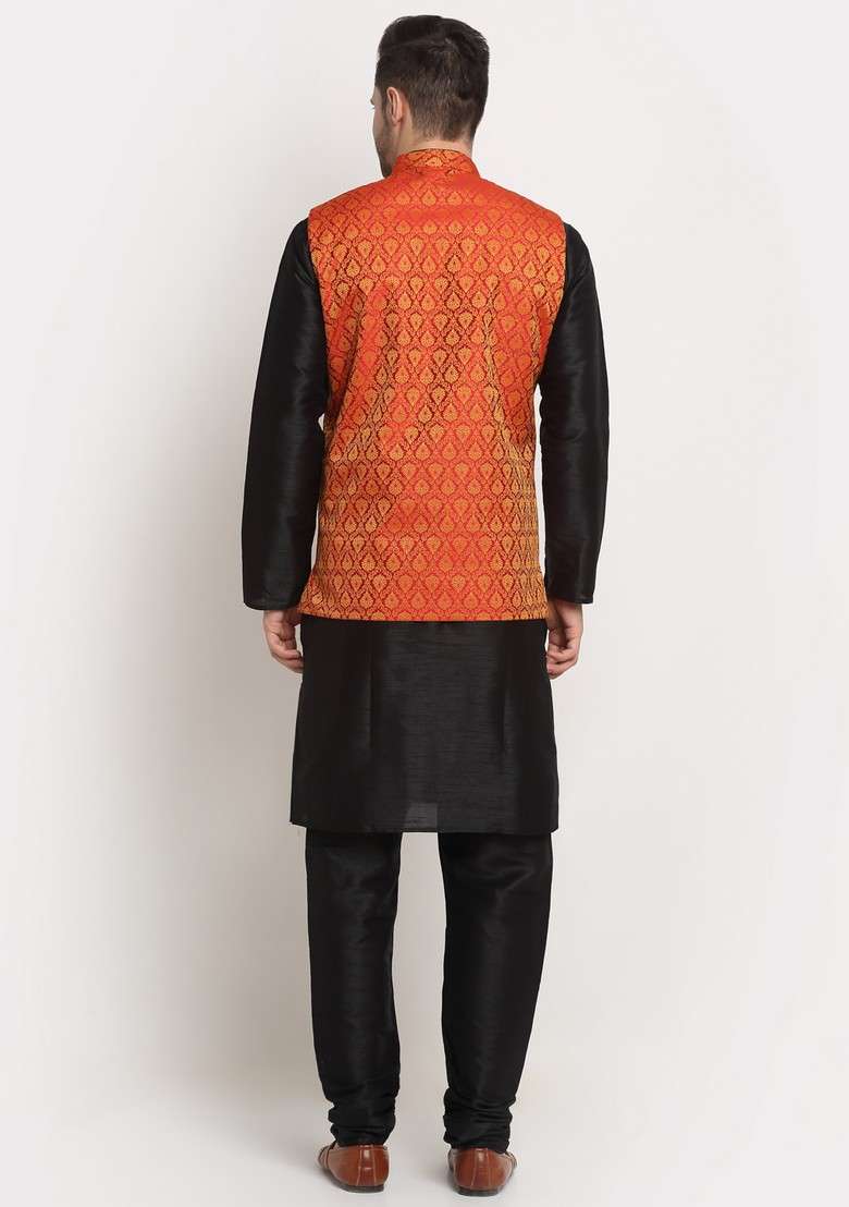 Black And Red Solid Silk Blend Nehru Jacket Set For Men - Indya