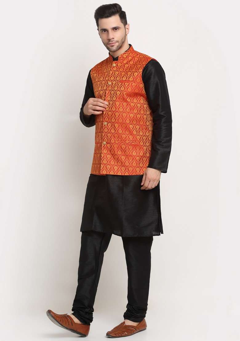 Black And Red Solid Silk Blend Nehru Jacket Set For Men - Indya
