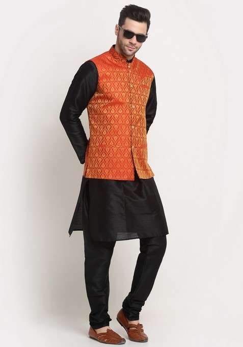Black And Red Solid Silk Blend Nehru Jacket Set For Men