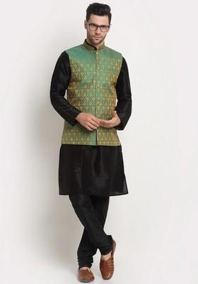 Black And Green Solid Silk Blend Nehru Jacket Set For Men