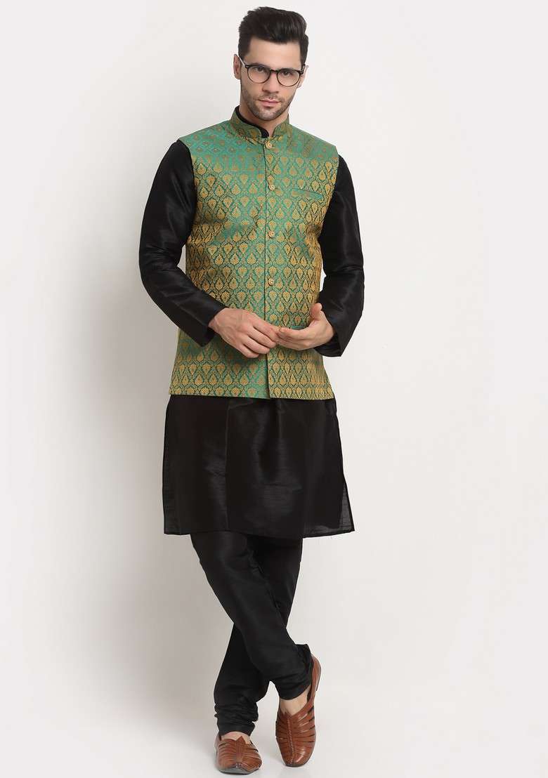 Black And Green Solid Silk Blend Nehru Jacket Set For Men - Indya