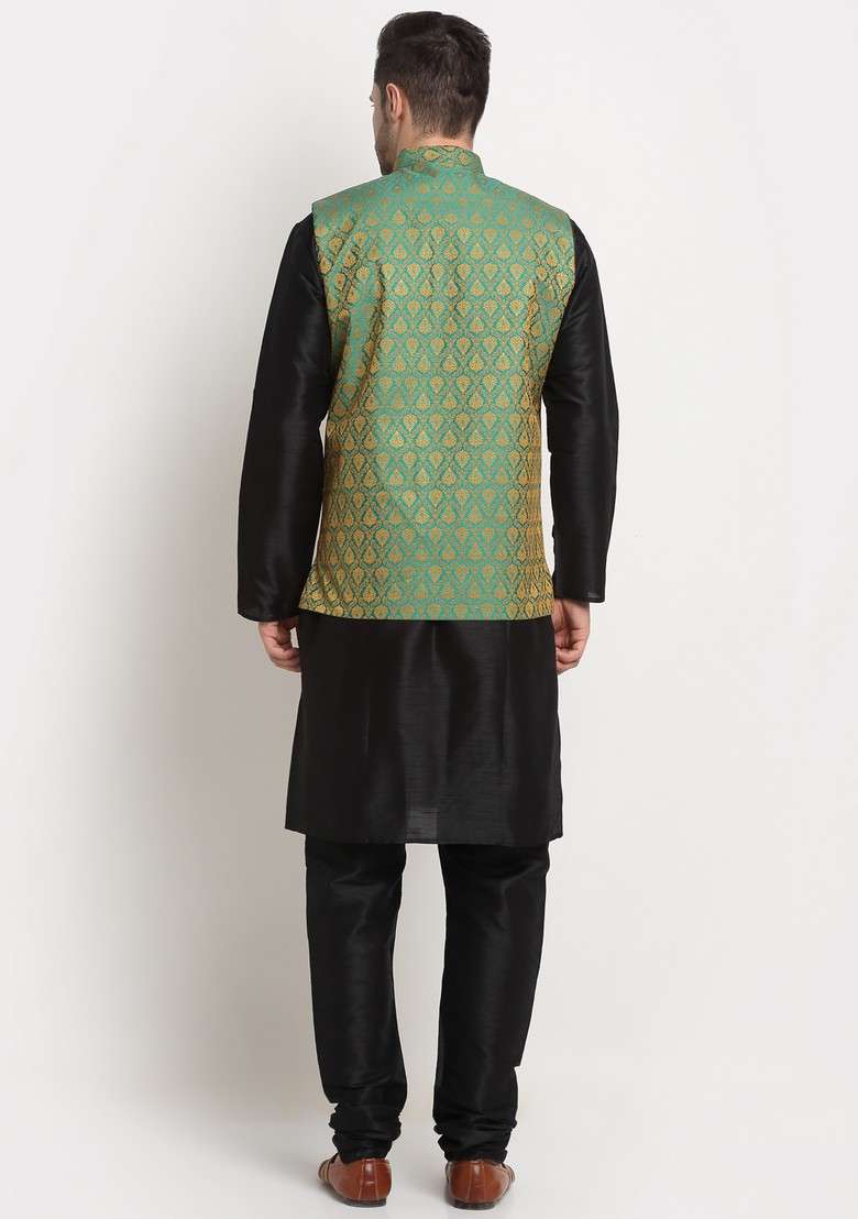 Black And Green Solid Silk Blend Nehru Jacket Set For Men - Indya