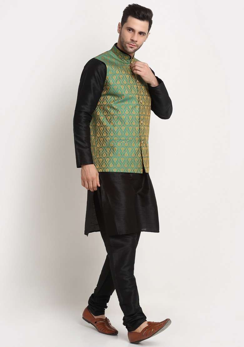 Black And Green Solid Silk Blend Nehru Jacket Set For Men - Indya