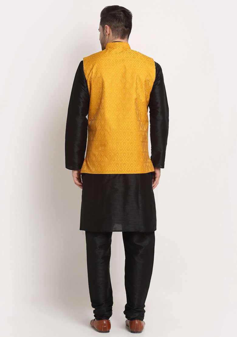 Black And Yellow Solid Silk Blend Nehru Jacket Set For Men - Indya