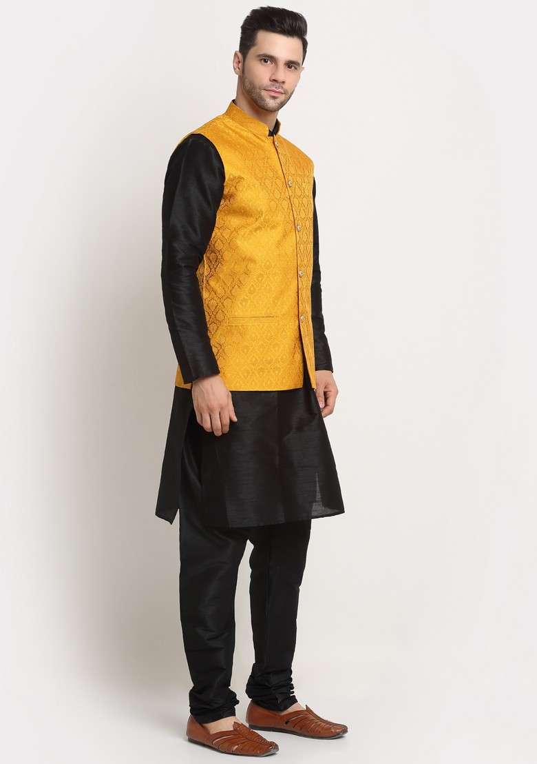 Black And Yellow Solid Silk Blend Nehru Jacket Set For Men - Indya