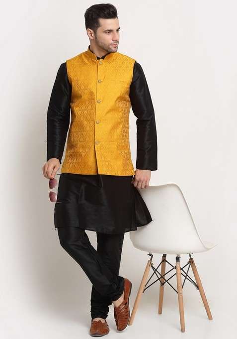Black And Yellow Solid Silk Blend Nehru Jacket Set For Men