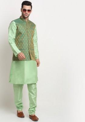 Sea Green And Green Solid Silk Blend Nehru Jacket Set For Men