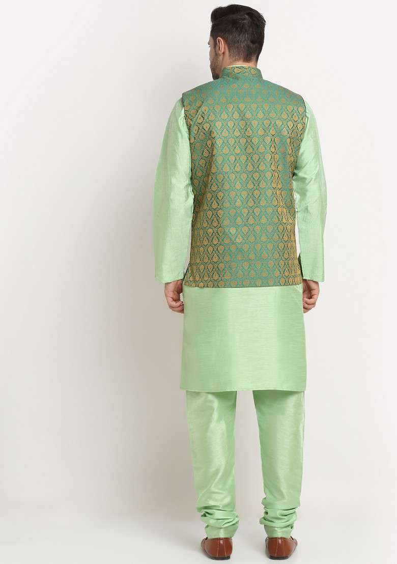 Sea Green And Green Solid Silk Blend Nehru Jacket Set For Men - Indya