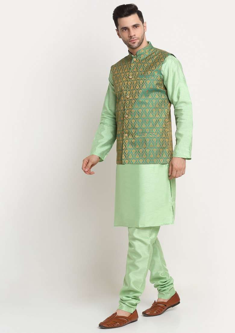 Sea Green And Green Solid Silk Blend Nehru Jacket Set For Men - Indya