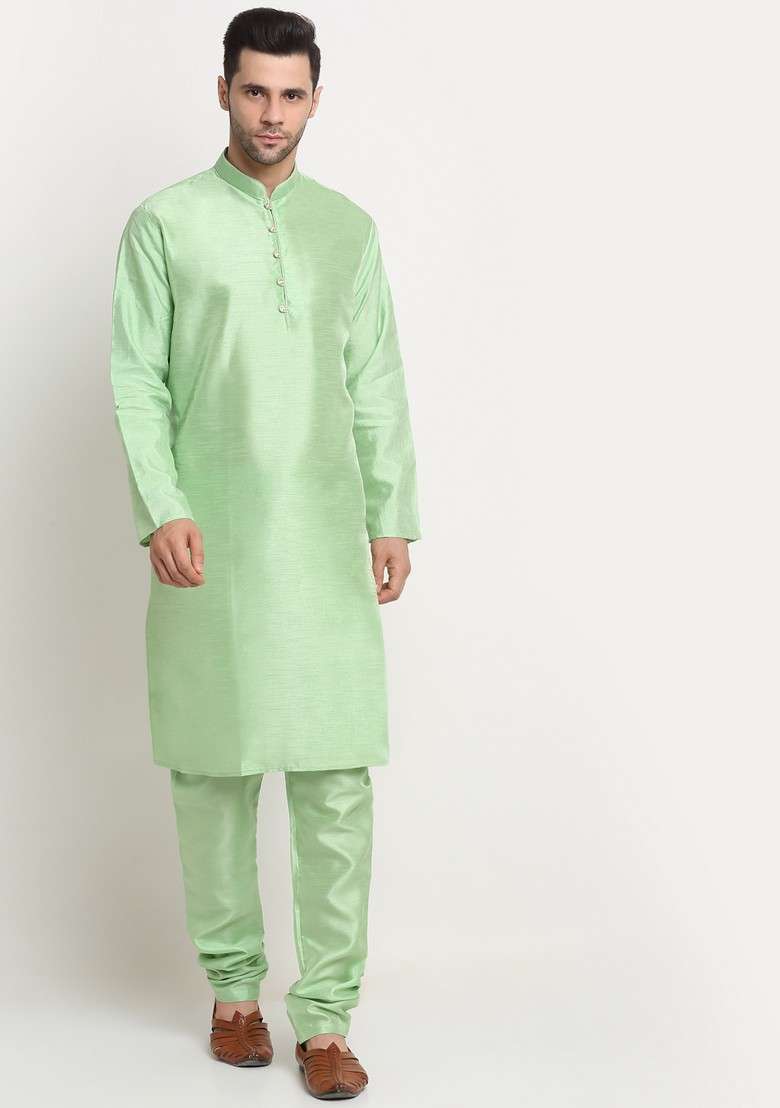 Sea Green And Green Solid Silk Blend Nehru Jacket Set For Men - Indya