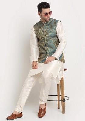 Cream And Blue Solid Silk Blend Nehru Jacket Set For Men