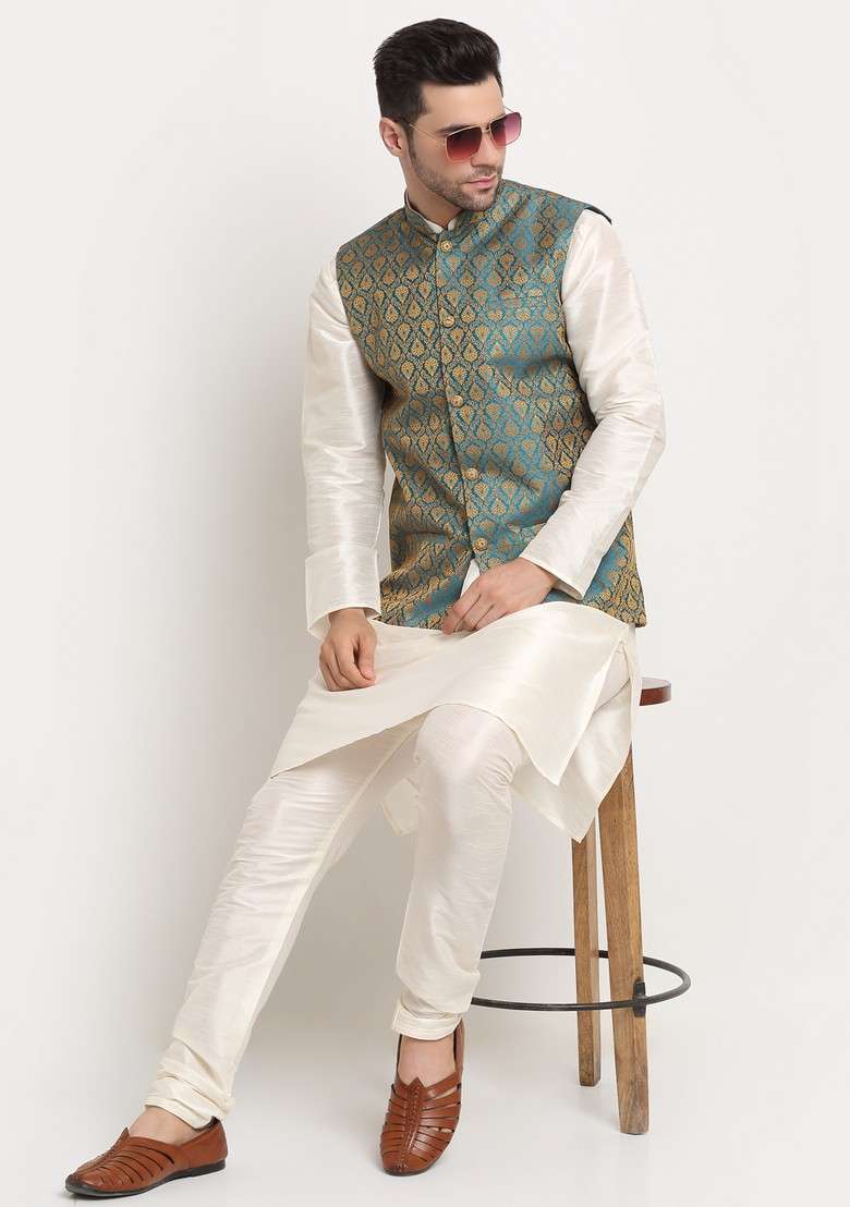Cream And Blue Solid Silk Blend Nehru Jacket Set For Men - Indya