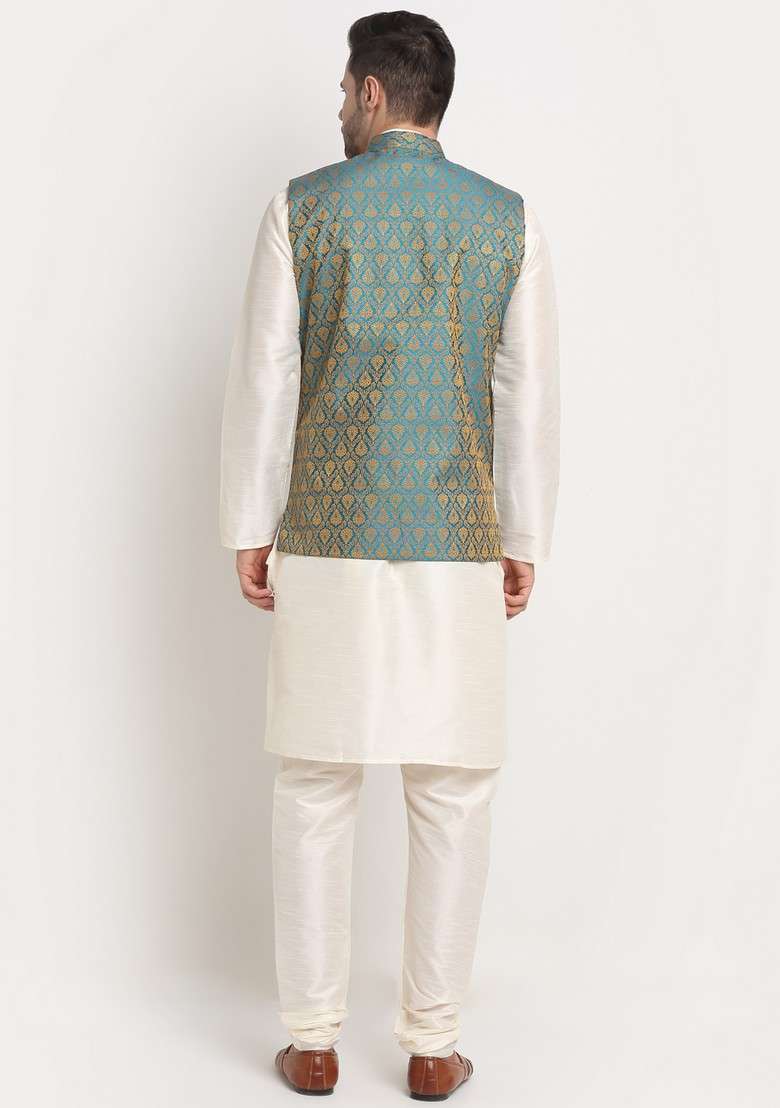 Cream And Blue Solid Silk Blend Nehru Jacket Set For Men - Indya